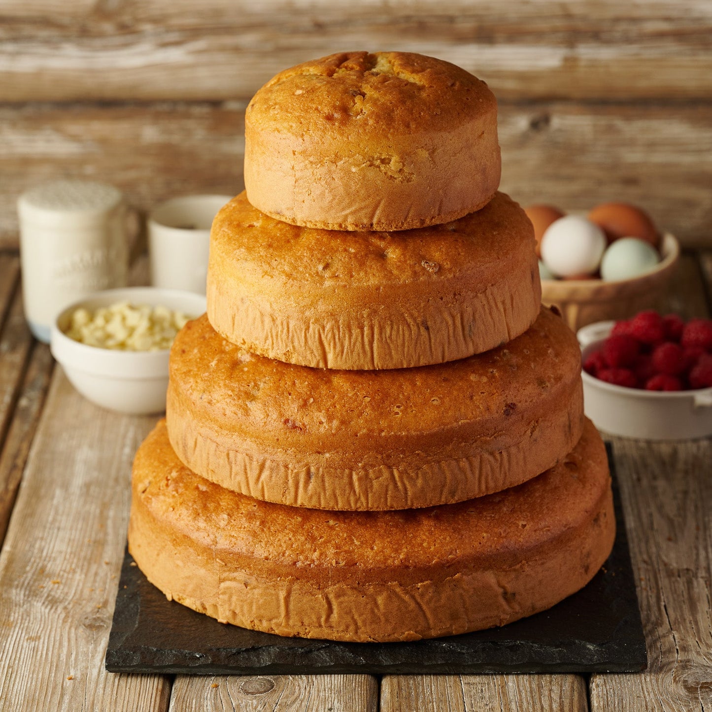 stack of plain sponge ready to decorate cakes white chocolate and raspberry cake