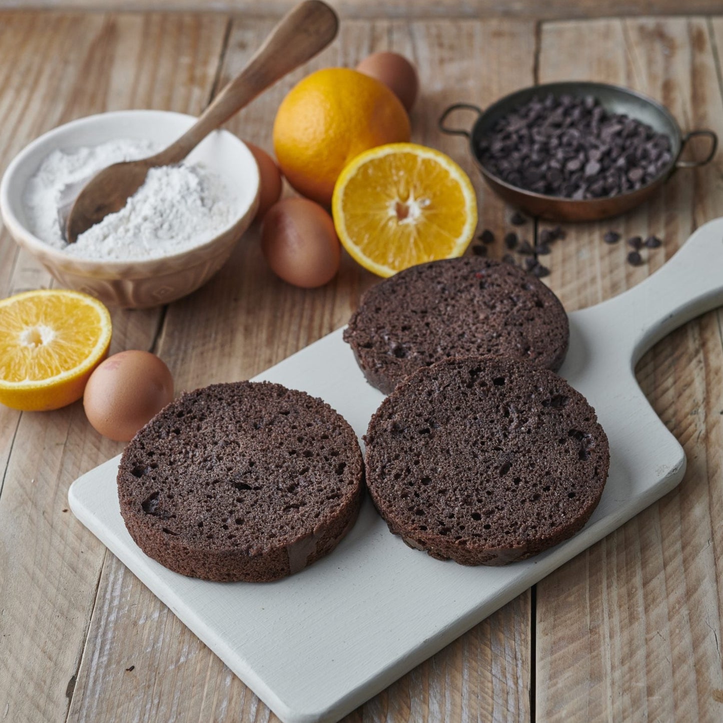 sliced chocolate orange cake, ready to decorate 