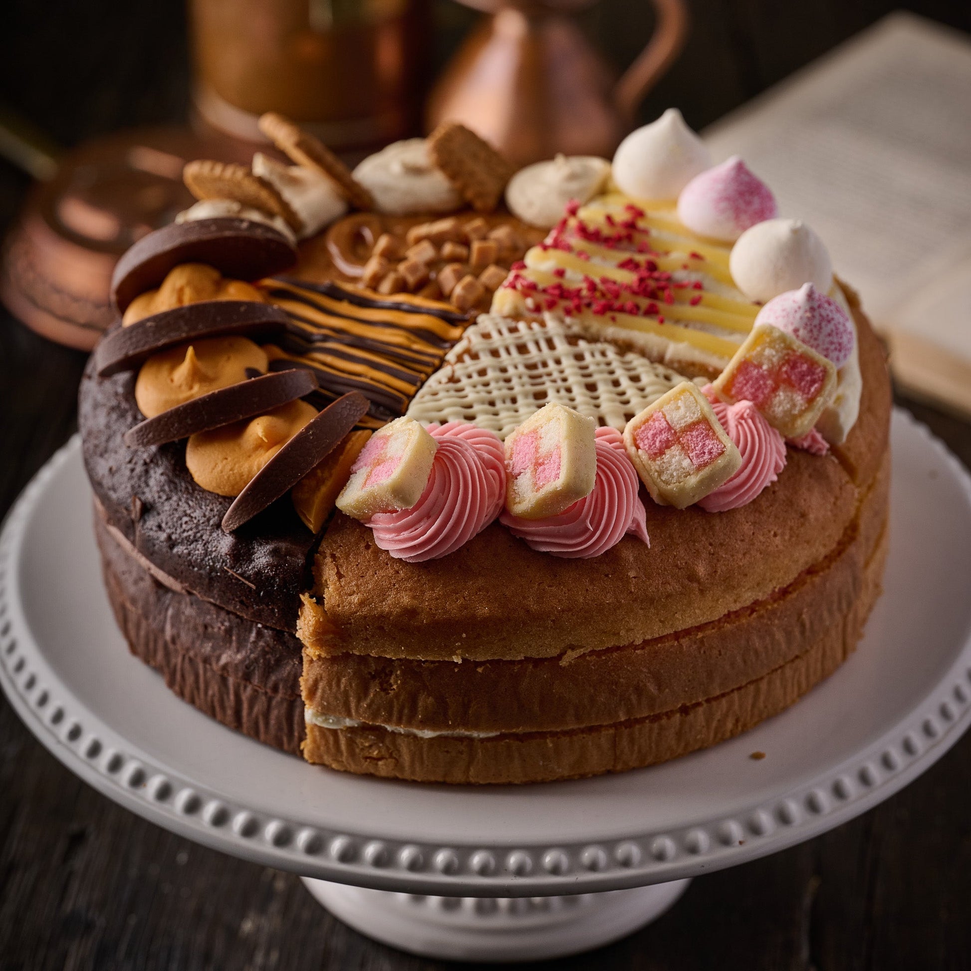 Four flavour sharing cake 10 inch with Biscoff, Chocolate Orange, Raspberry Lemon Meringue and Battenberg, UK nationwide delivery celebration cake