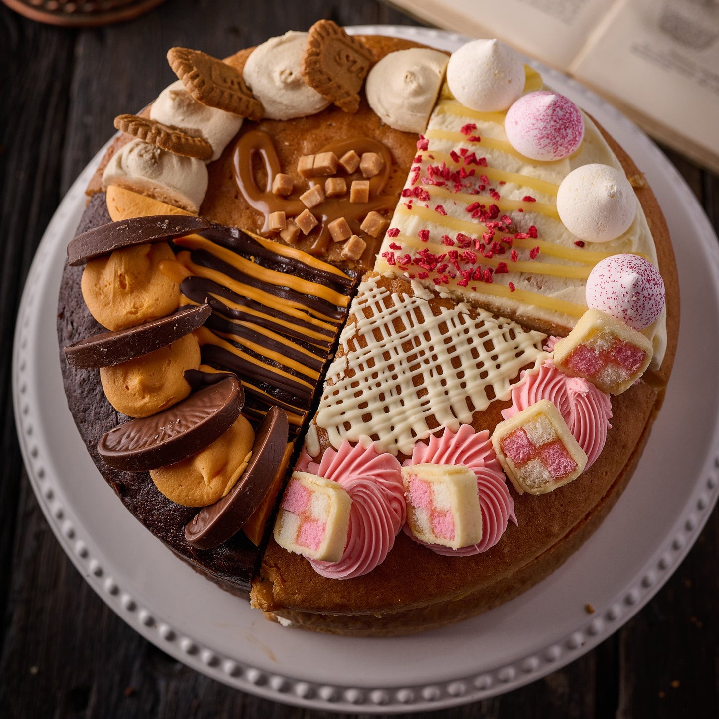 10 inch sharing cake with four flavours including Biscoff, chocolate orange, raspberry lemon meringue and battenberg on display