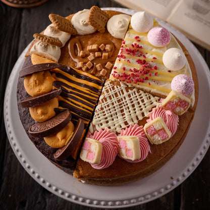 10 inch sharing cake with four flavours including Biscoff, chocolate orange, raspberry lemon meringue and battenberg on display