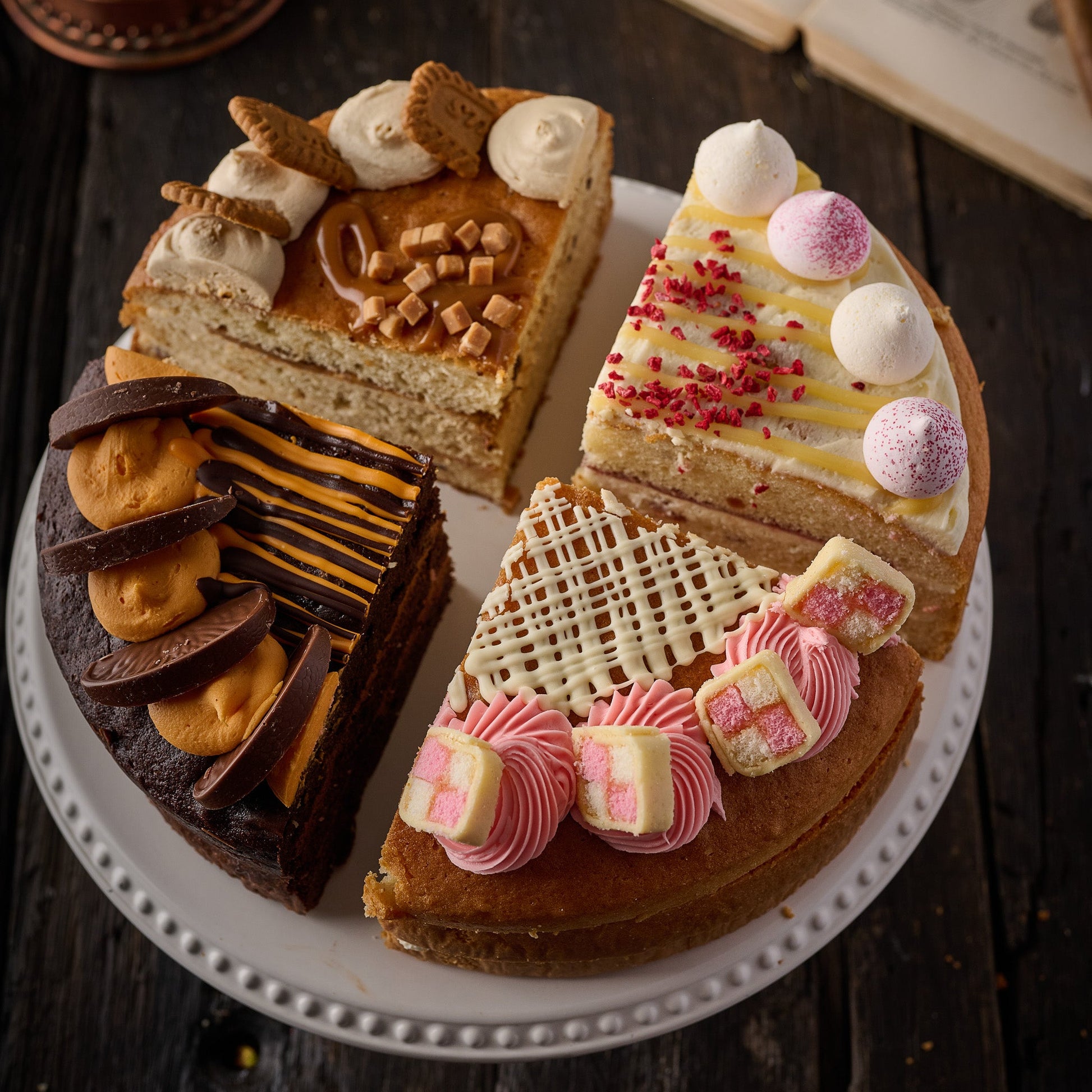 Four flavour sharing cake 10 inch with Biscoff, Chocolate Orange, Raspberry Lemon Meringue and Battenberg, UK nationwide delivery celebration cake