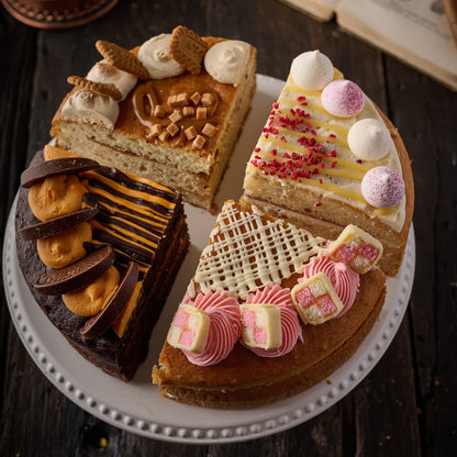 Four flavour sharing cake 10 inch with Biscoff, Chocolate Orange, Raspberry Lemon Meringue and Battenberg, UK nationwide delivery celebration cake
