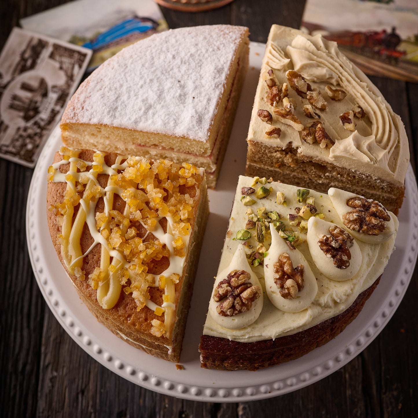 sponge sharing cake including coffee walnut, lemon, carrot and victoria