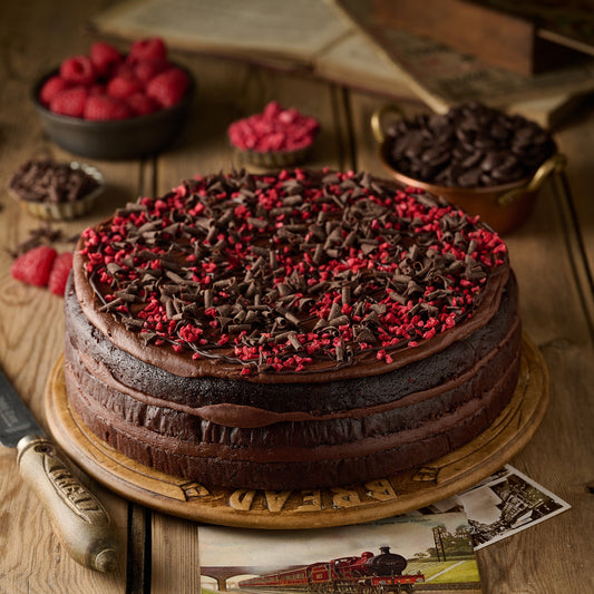 Vegan dark chocolate and raspberry cake with chocolate frosting and raspberry topping, 10 inch celebration cake for UK delivery